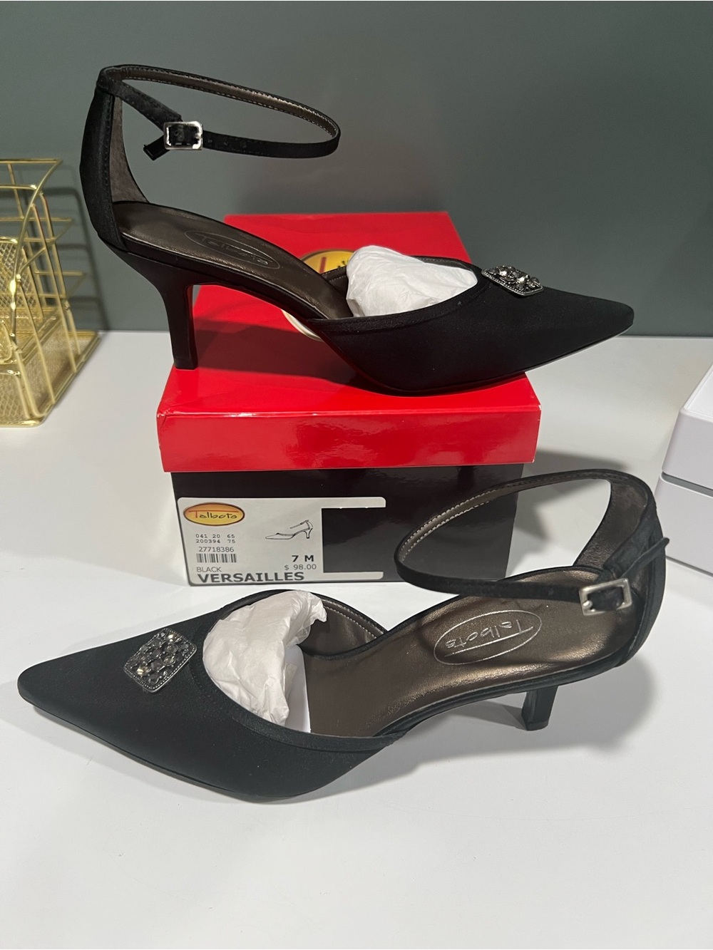Talbots Black Versailles Satin Pointed-Ankle Strap Heels with Crystal Accent